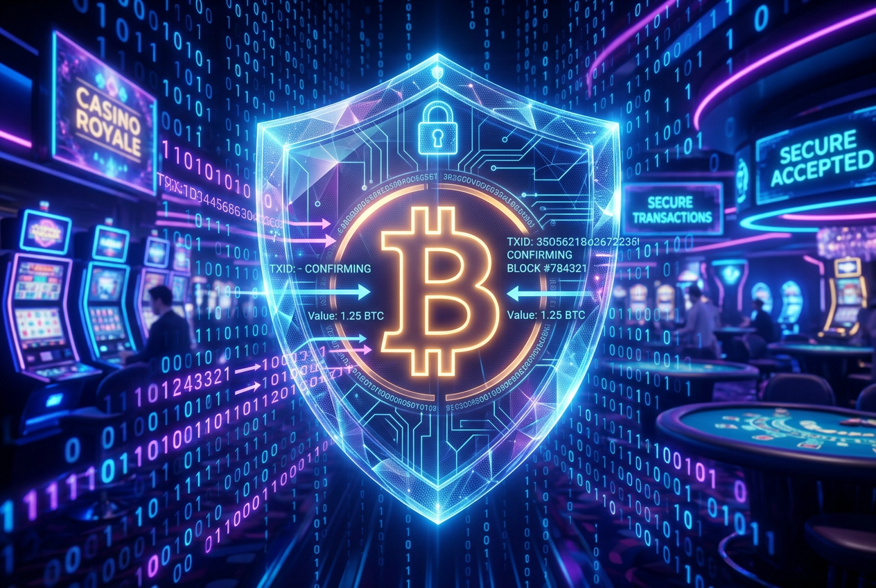 Abstrakcyjna wizualizacja bezpiecznych transakcji blockchain w kasynie online