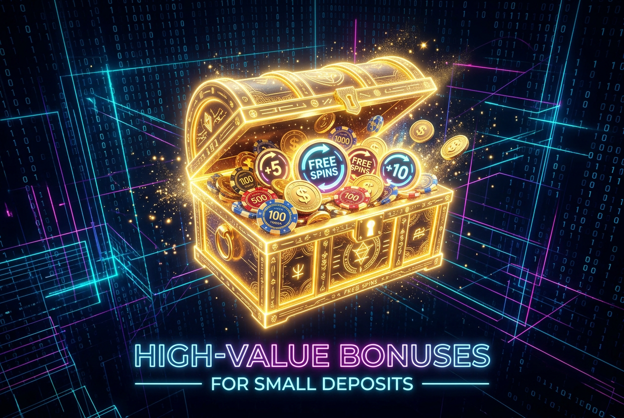 Golden casino bonus chest with glowing coins and slot symbols