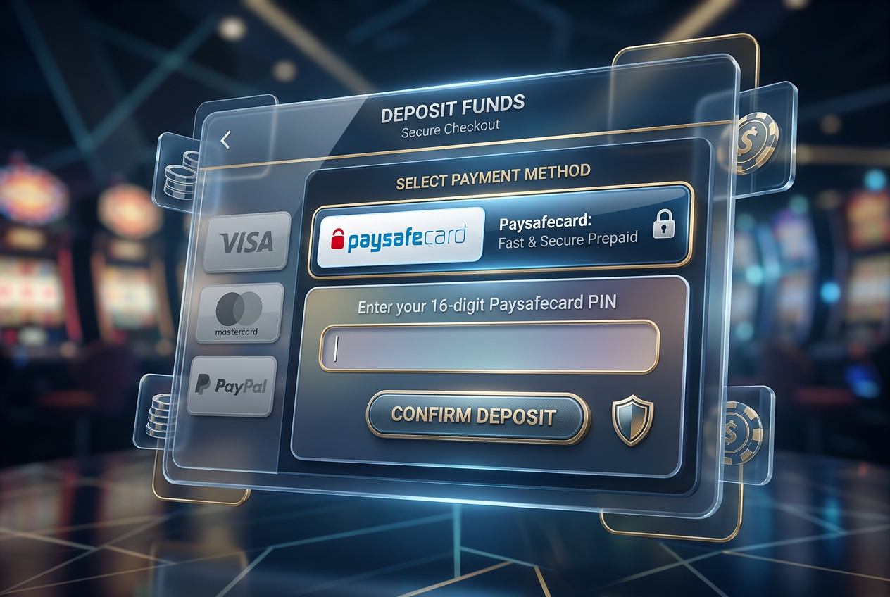 Interfejs płatności w nowoczesnym kasynie z widoczną opcją Paysafecard