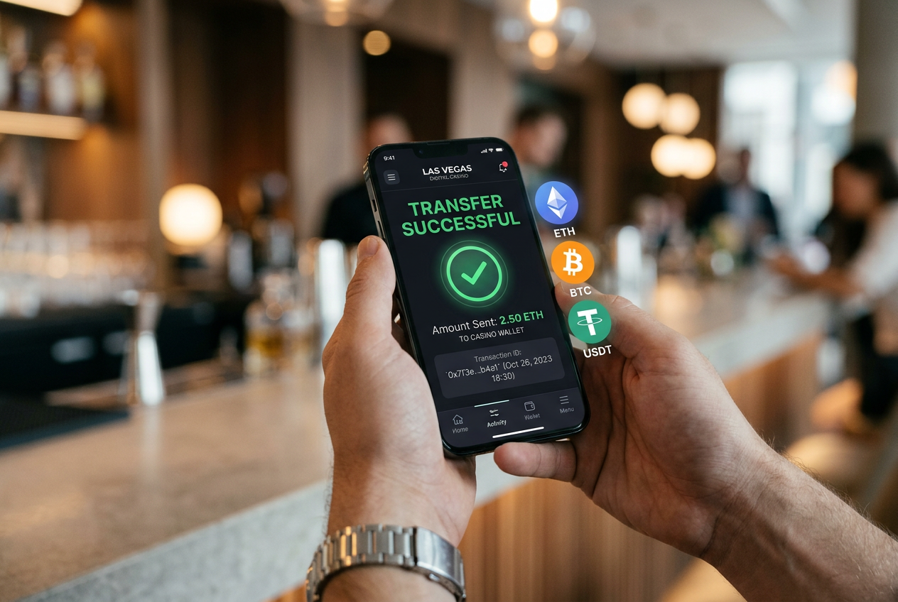 Smartfon z aplikacją portfela kryptowalutowego pokazujący transakcję do kasyna online