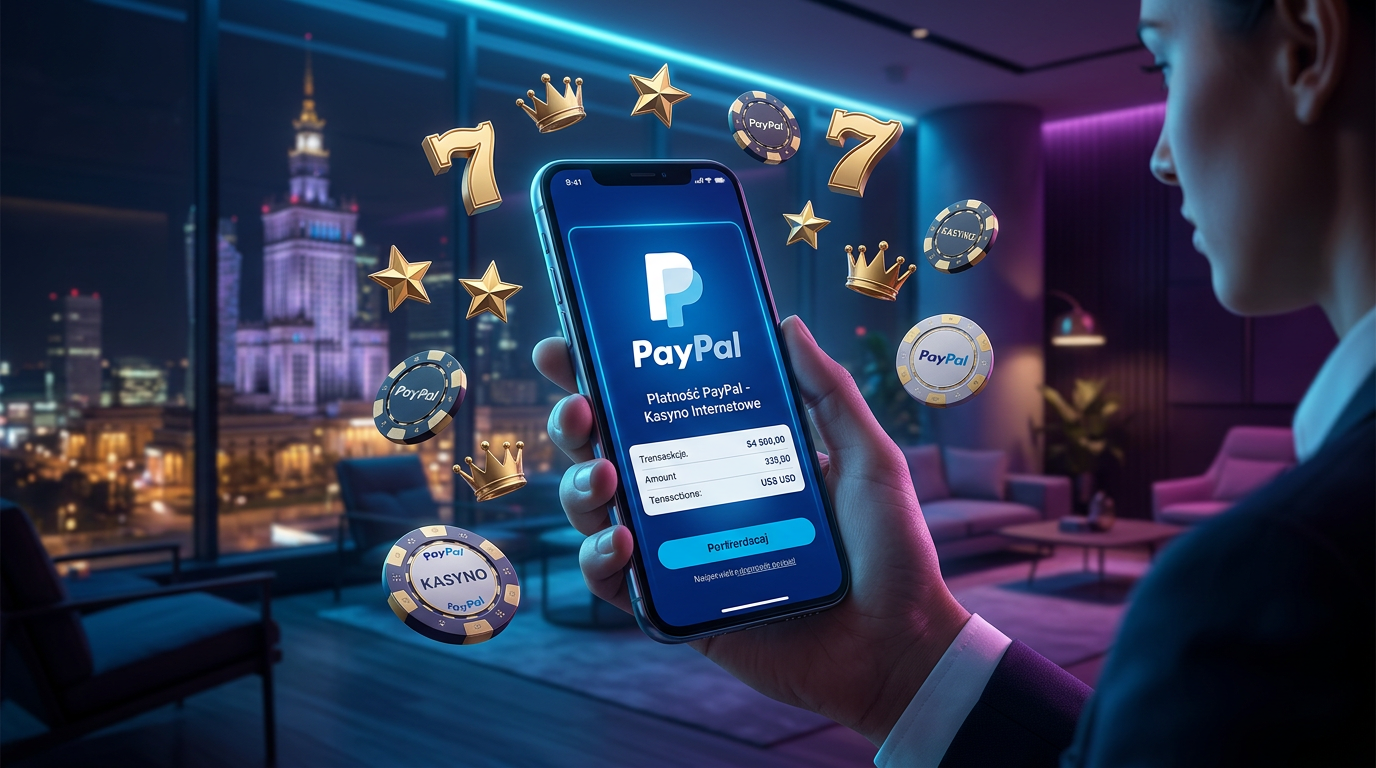 Smartfon z logo PayPal i żetonami kasynowymi w nowoczesnym stylu graficznym.