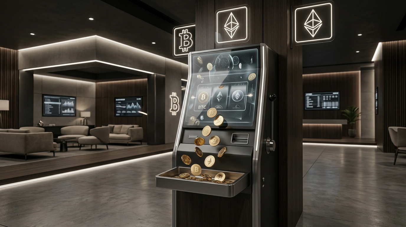 Futurystyczne kasyno kryptowalutowe z symbolami Bitcoin i Ethereum
