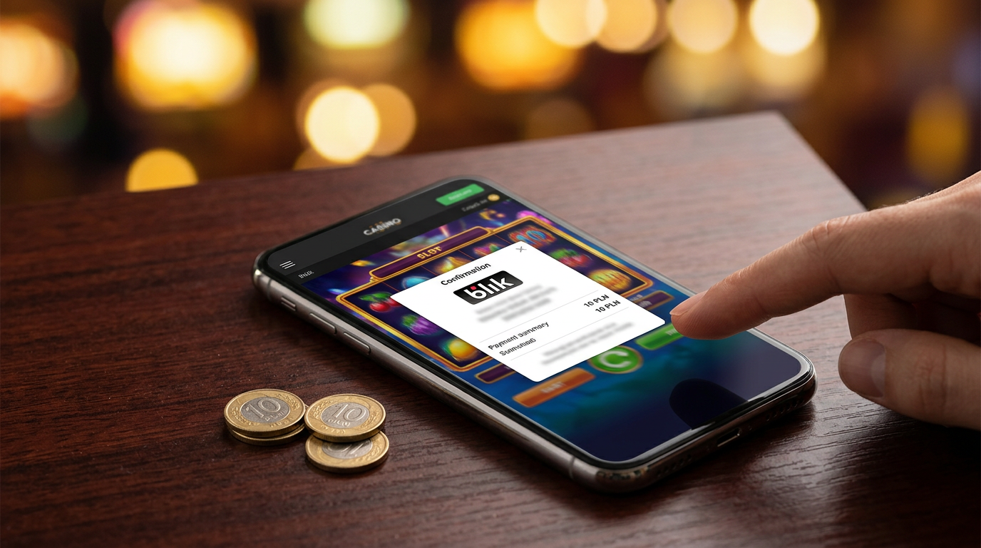 Smartfon wyświetlający płatność BLIK 10 PLN do kasyna online na eleganckim tle
