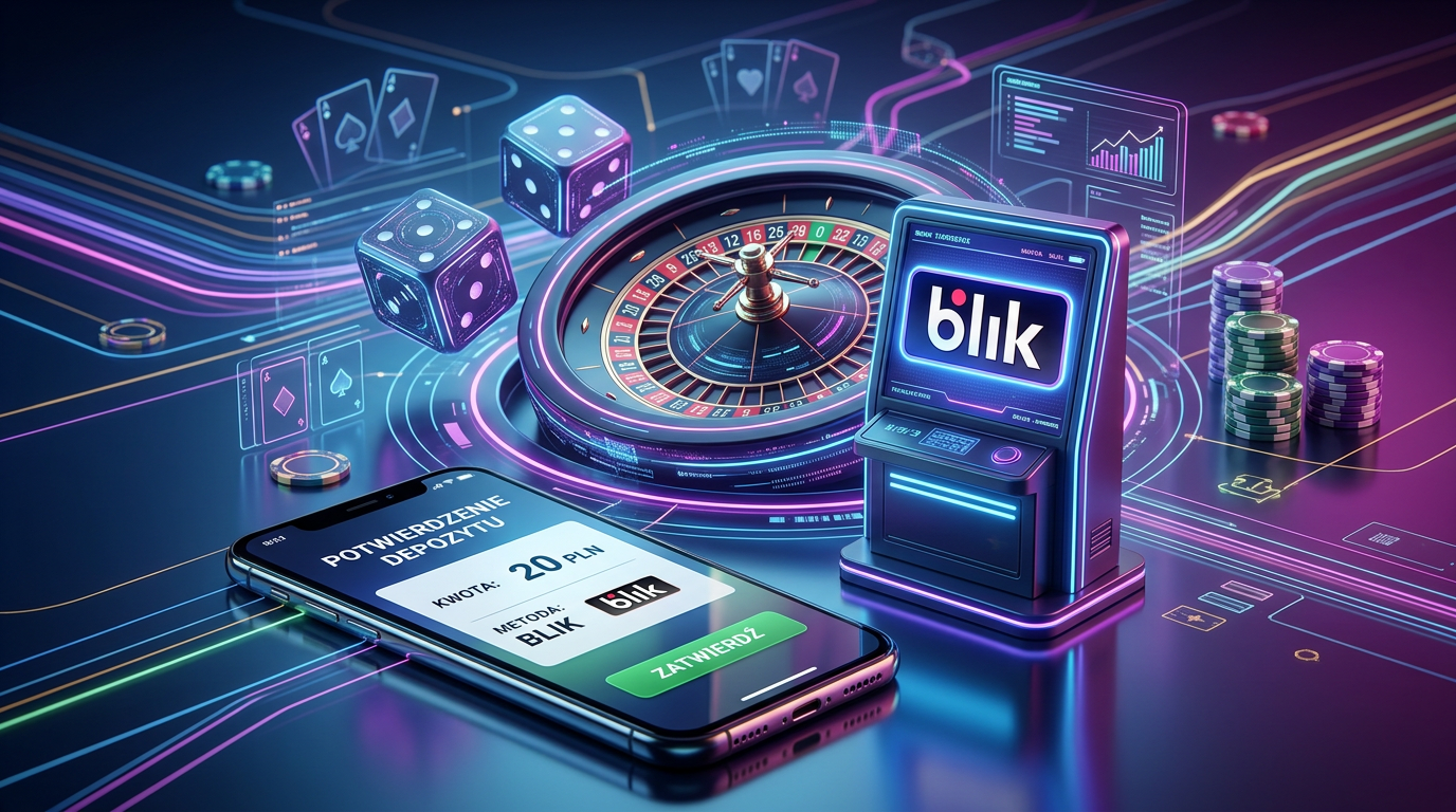 Digital casino elements with BLIK payment logo and smartphone display