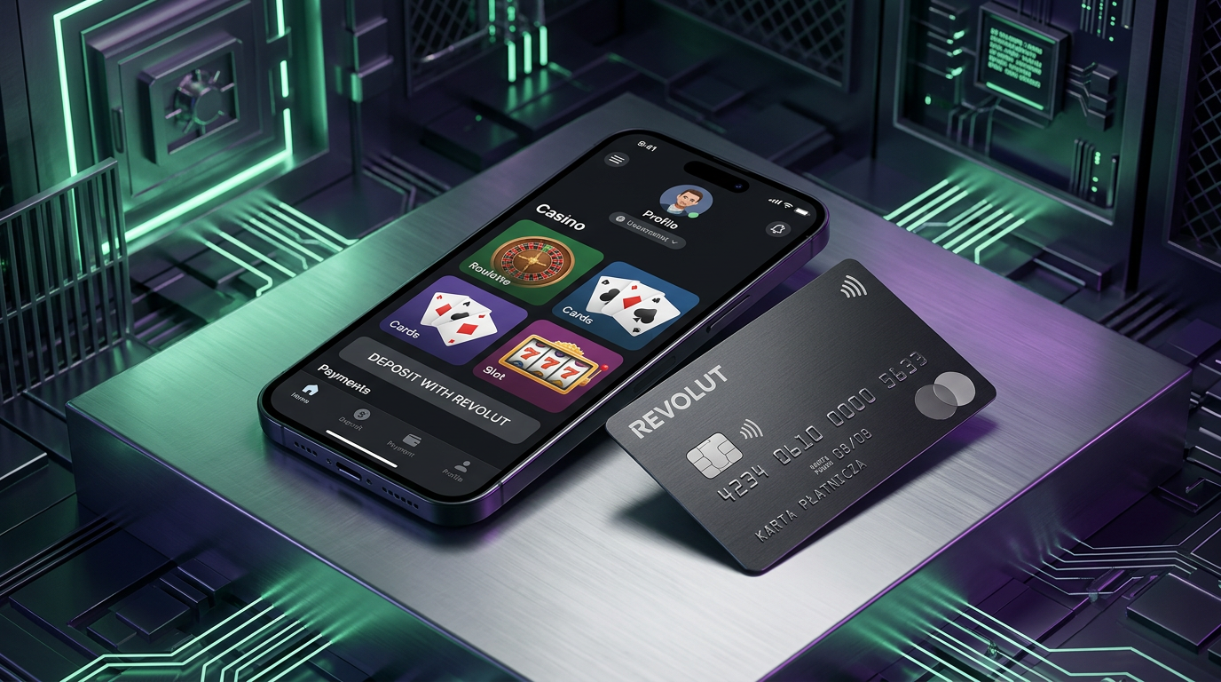 Smartfon z aplikacją kasynową obok karty bankowej Revolut na tle cyfrowego sejfu