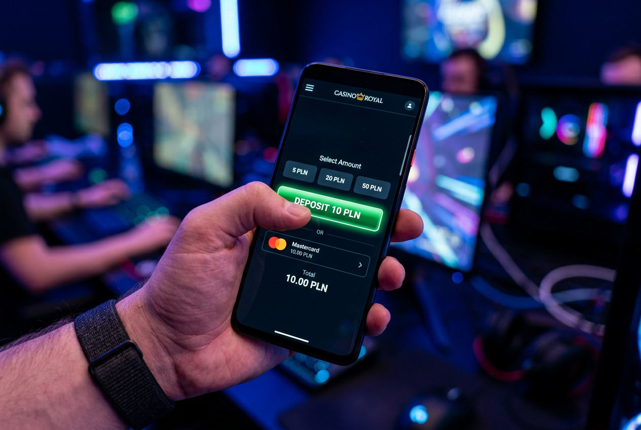 Zbliżenie na smartfon wyświetlający nowoczesny interfejs płatności w kasynie online z wybraną kwotą depozytu 10 PLN
