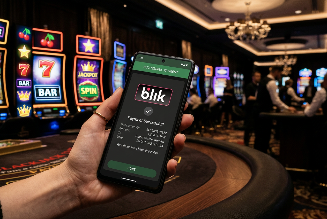 Modern mobile payment interface for legal Polish online casinos featuring BLIK and secure gateway