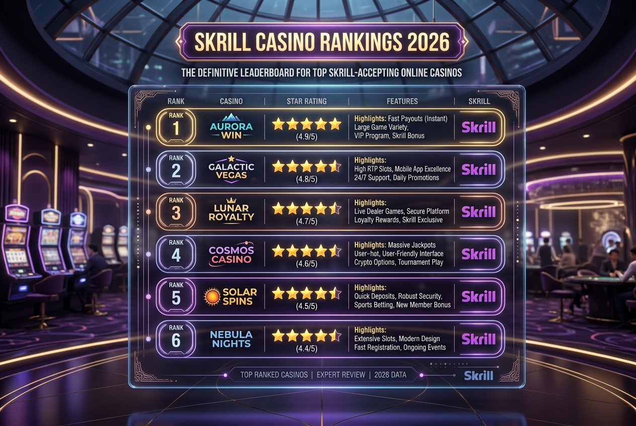 Infografika przedstawiająca ranking kasyn Skrill 2026 z elementami nowoczesnego interfejsu i symbolami bezpieczeństwa.